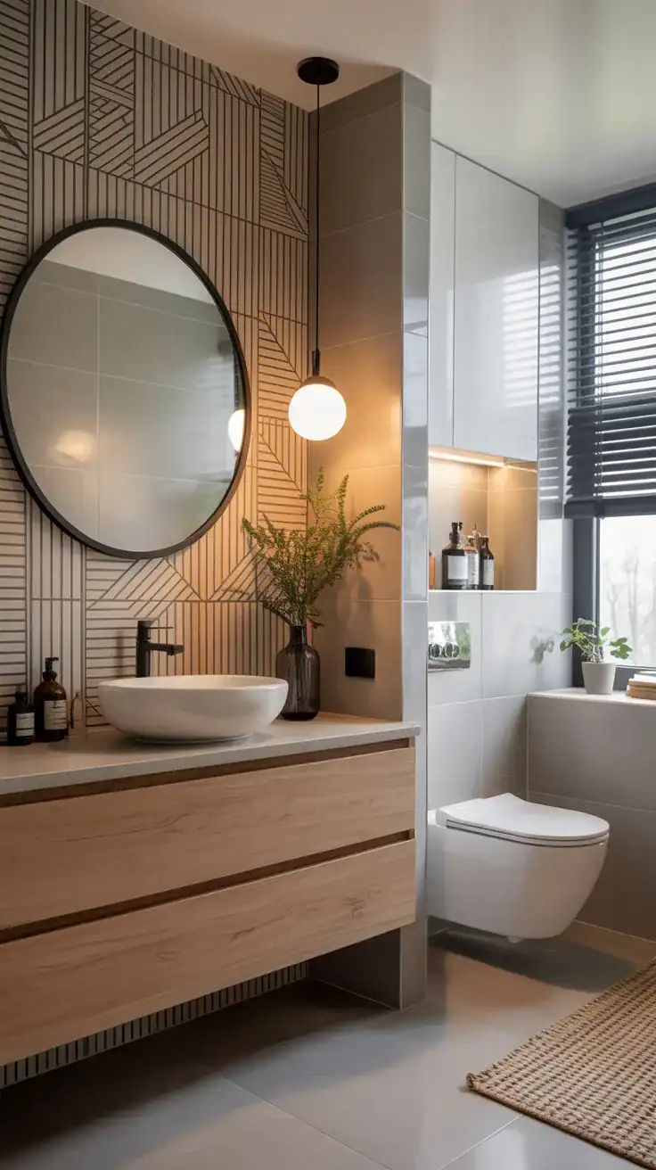Modern Scandinavian bathroom with neutral geometric wallpaper, floating wood vanity, and clean minimalist decor.