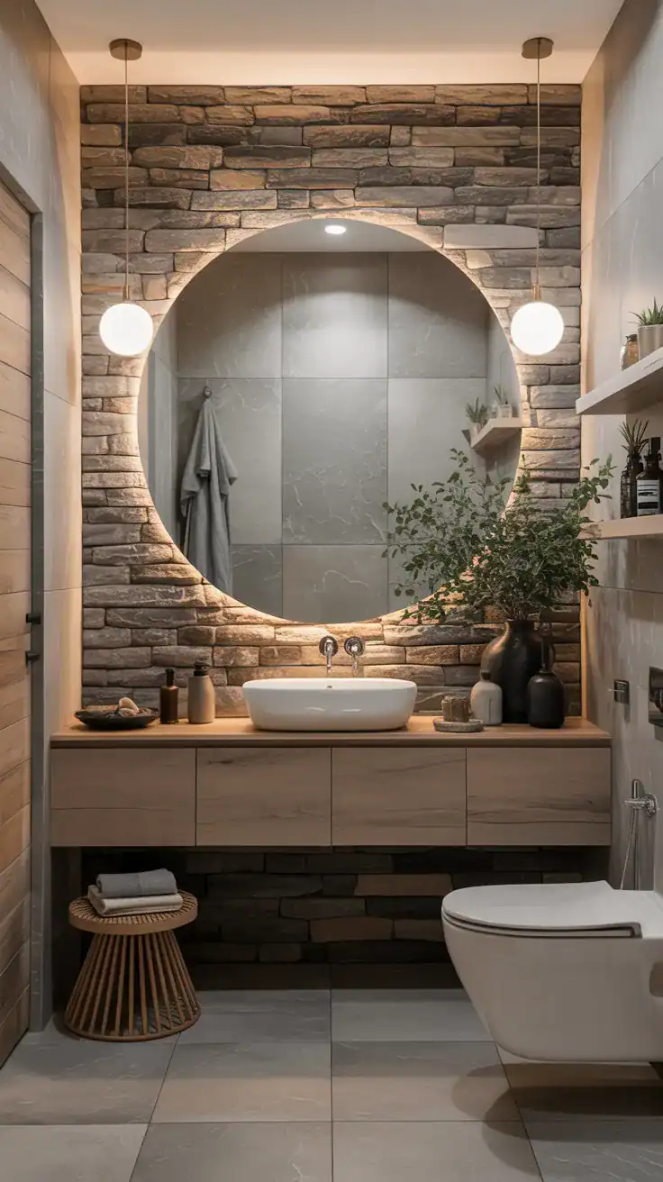 Scandinavian bathroom with stone effect wallpaper, floating vanity, soft lighting, and natural textures.
