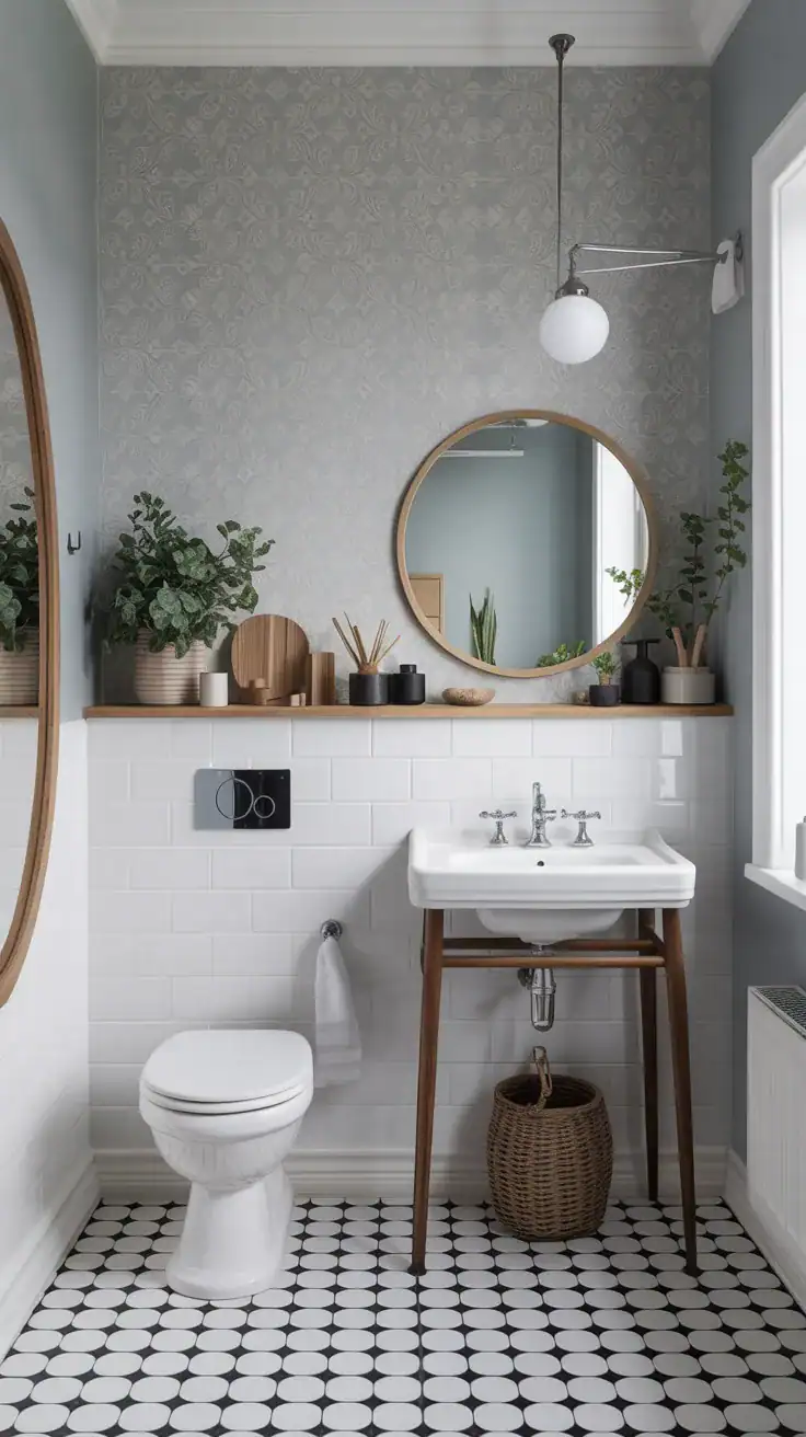  Soft grey patterned wallpaper in a Scandinavian bathroom with white fixtures, pale wood accents, and simple styling.