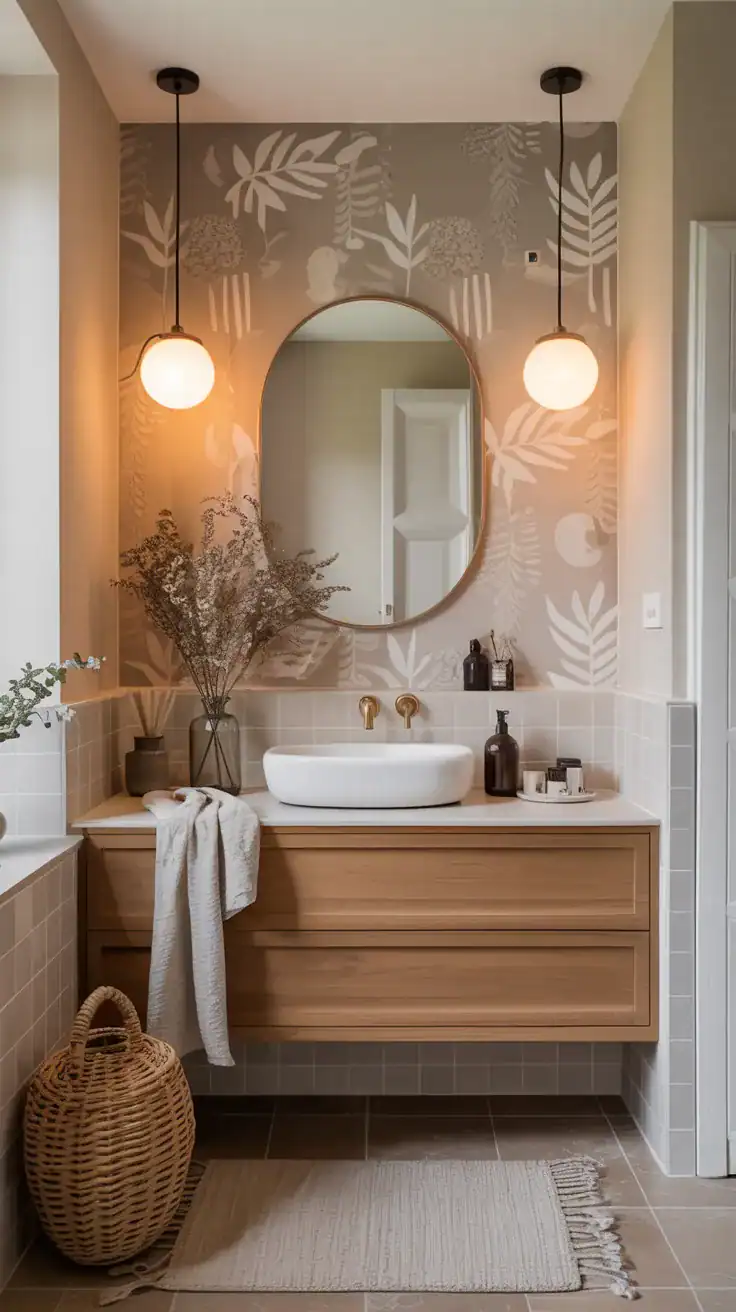 Warm beige Scandinavian bathroom wallpaper with oak vanity, cream towels, and understated modern decor.
