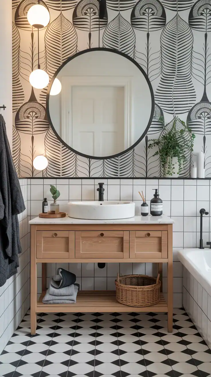 Minimalist black and white Scandinavian bathroom wallpaper with simple vanity, round mirror, and clean styling.