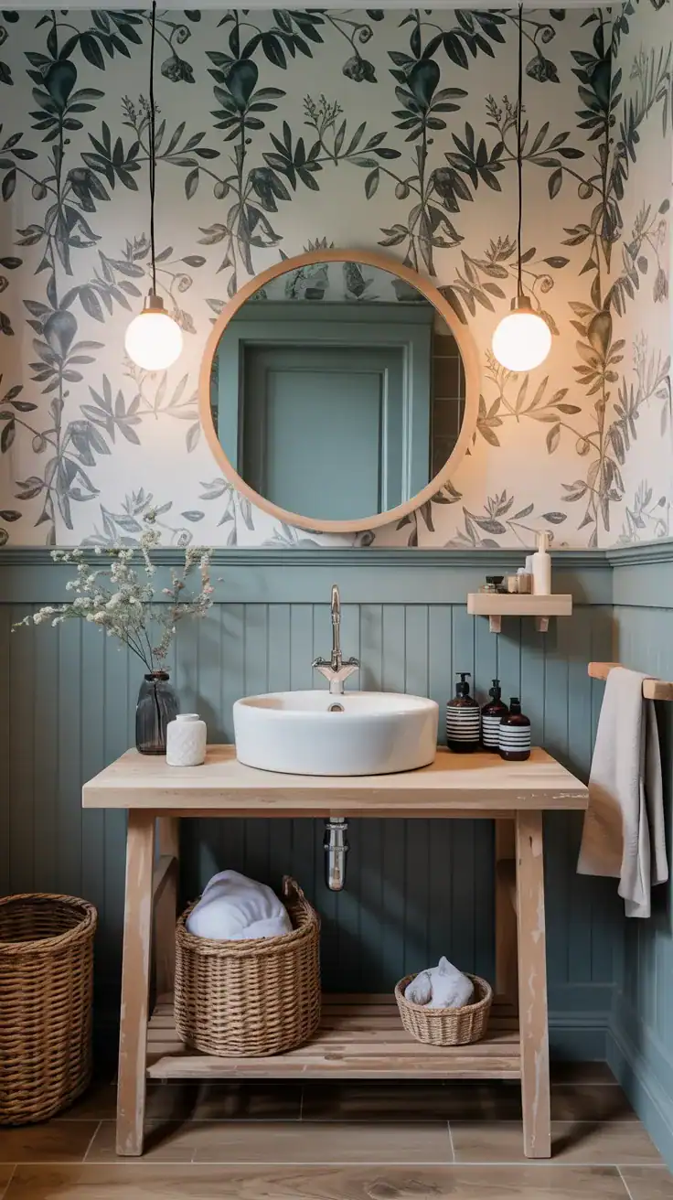 Scandinavian bathroom with wallpaper above painted wall panelling, simple sink, round mirror, and soft neutral styling.