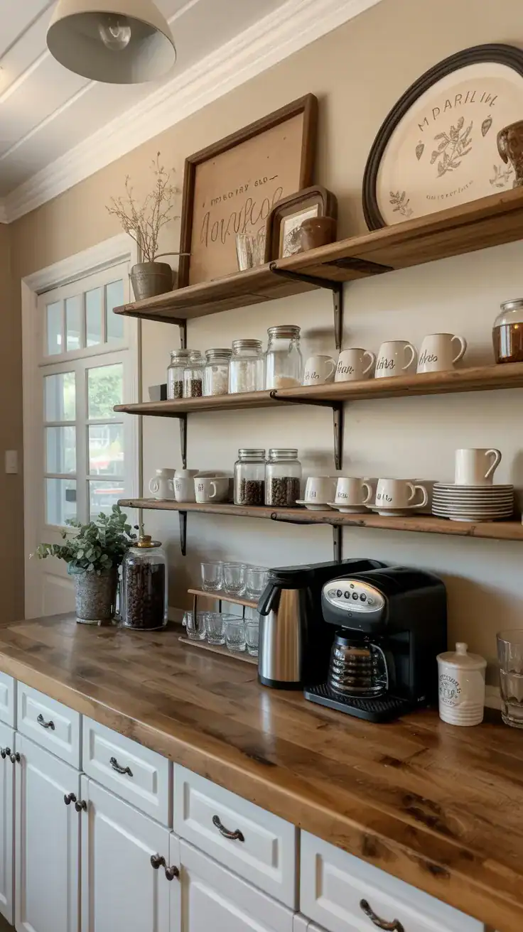 Farmhouse coffee bar with open wood shelves displaying vintage mugs, glass jars, and rustic decor.