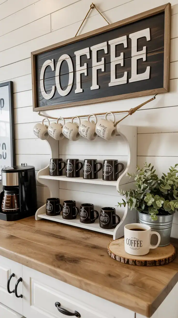Farmhouse coffee bar decorated with a distressed wood coffee sign, mugs, and rustic accessories.