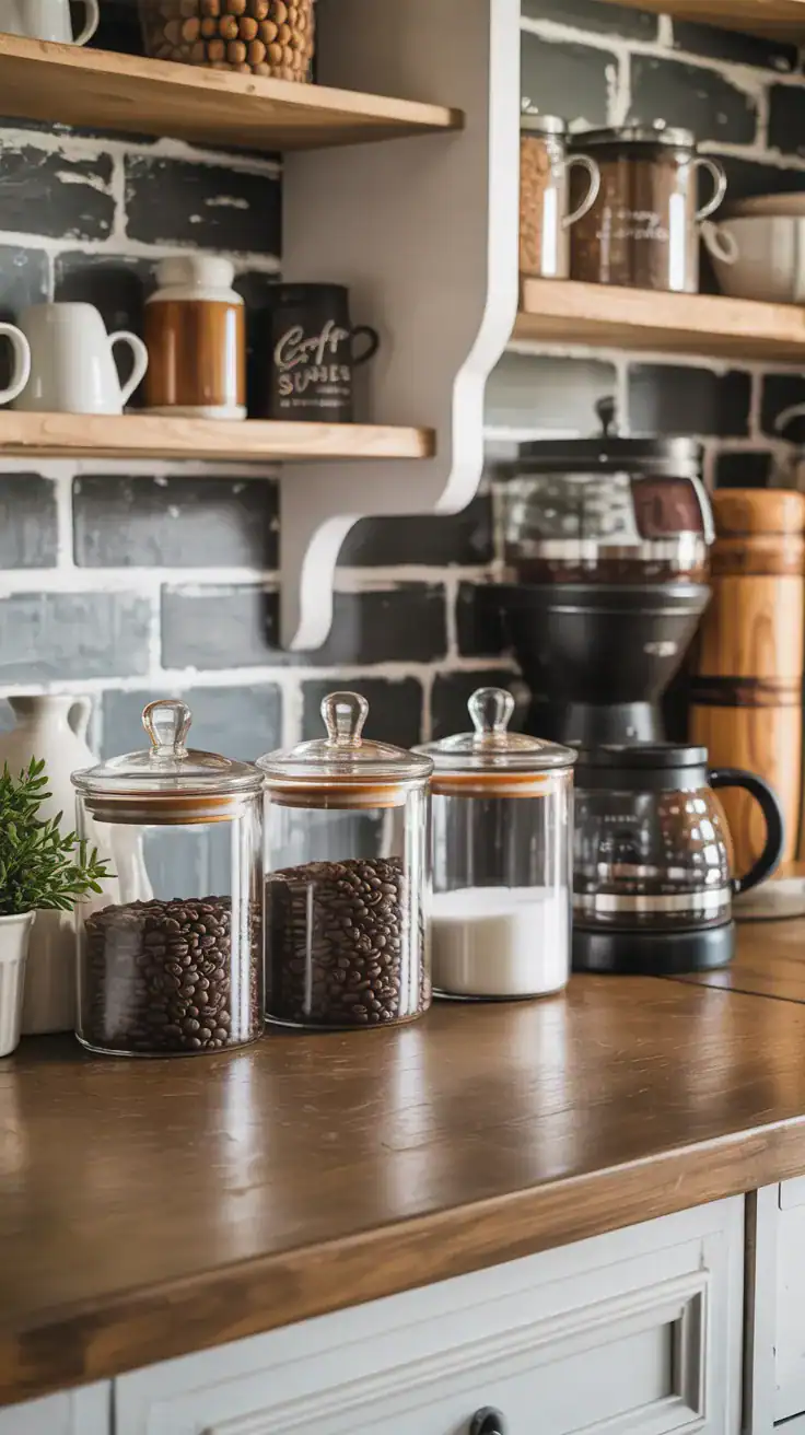 Farmhouse coffee bar styled with glass canisters filled with coffee beans, sugar, and coffee supplies.