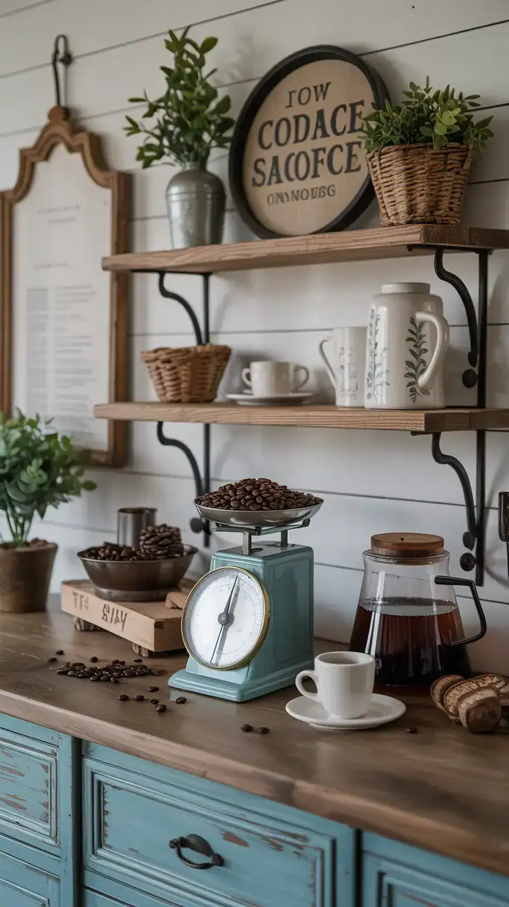 Farmhouse coffee bar featuring antique-inspired decor, vintage scales, wood accents, and coffee accessories.