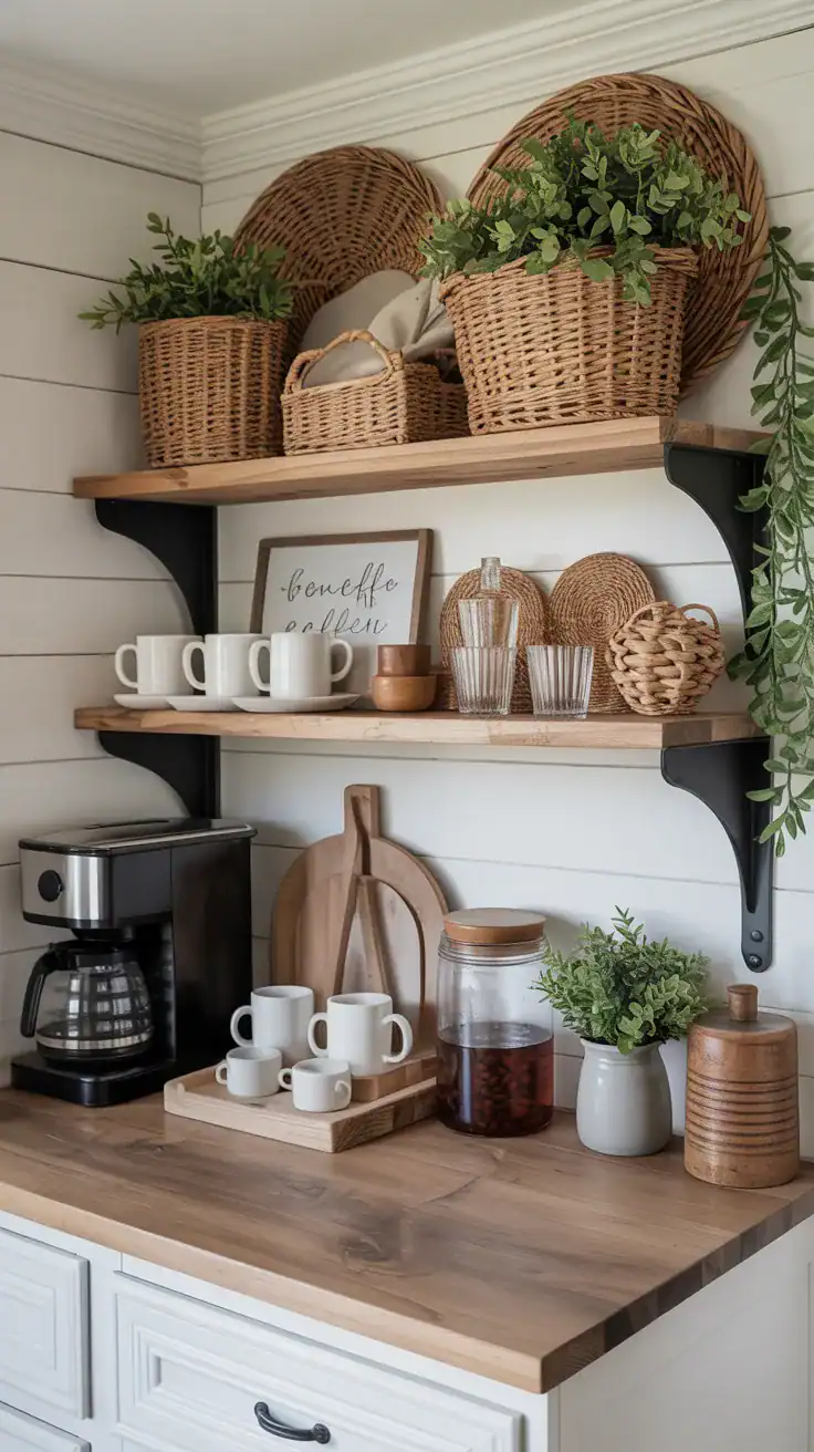 Farmhouse coffee bar styled with woven baskets, mugs, wood shelves, and rustic accessories.
