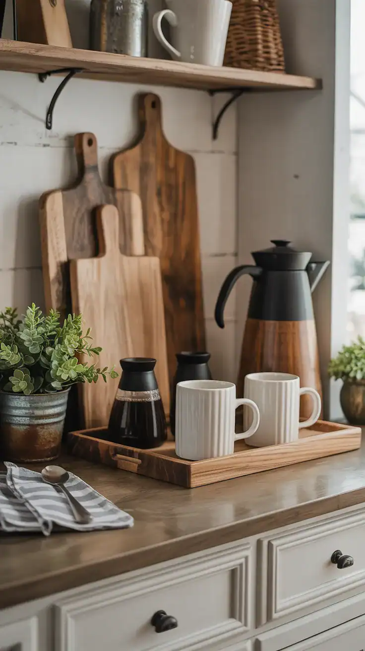 Farmhouse coffee bar decorated with layered wood cutting boards, trays, mugs, and rustic accents.