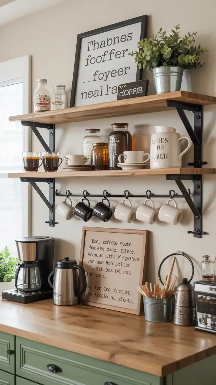Farmhouse coffee bar with black metal shelf brackets, mug hooks, and rustic coffee decor.