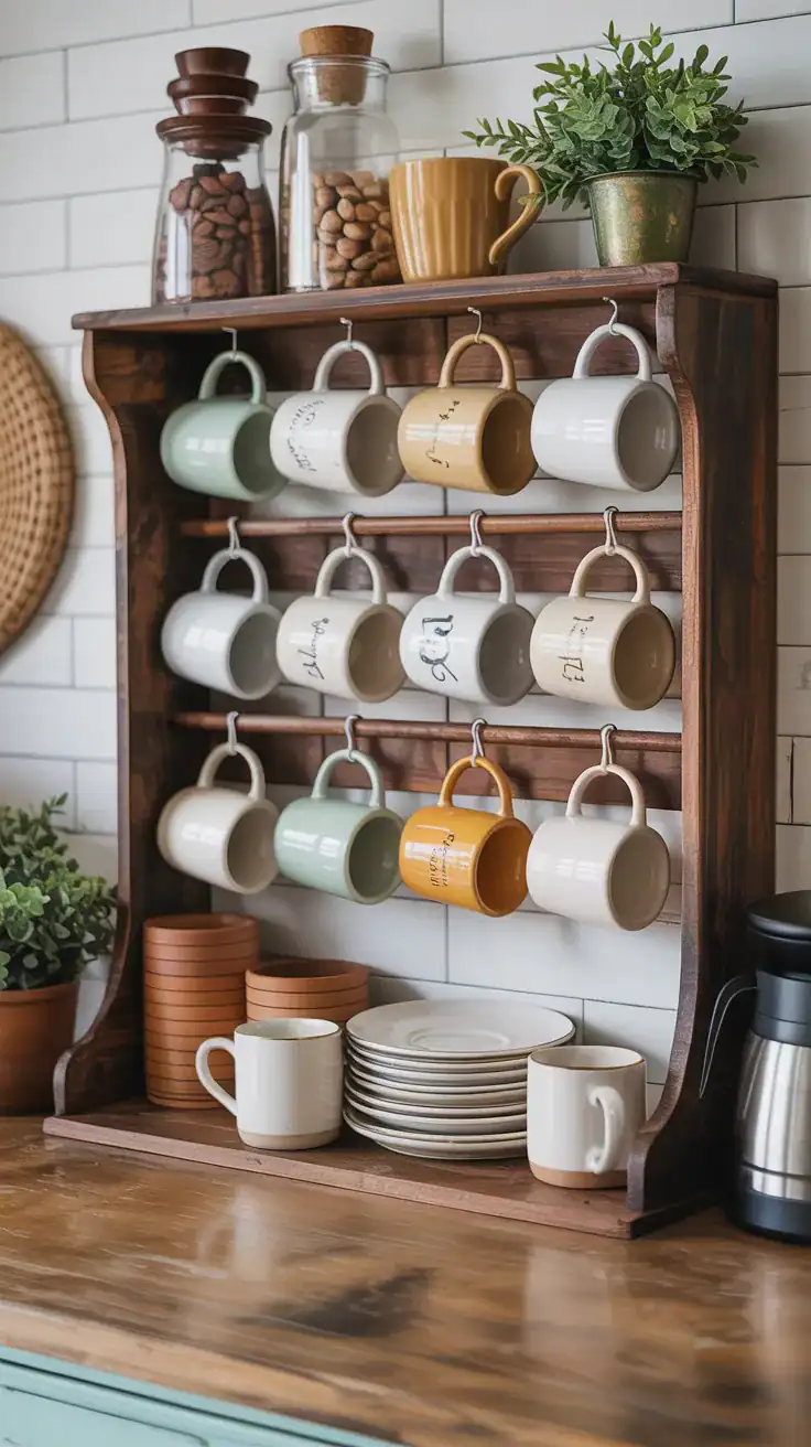 Vintage inspired mug rack displaying ceramic coffee mugs in a cozy farmhouse coffee bar.