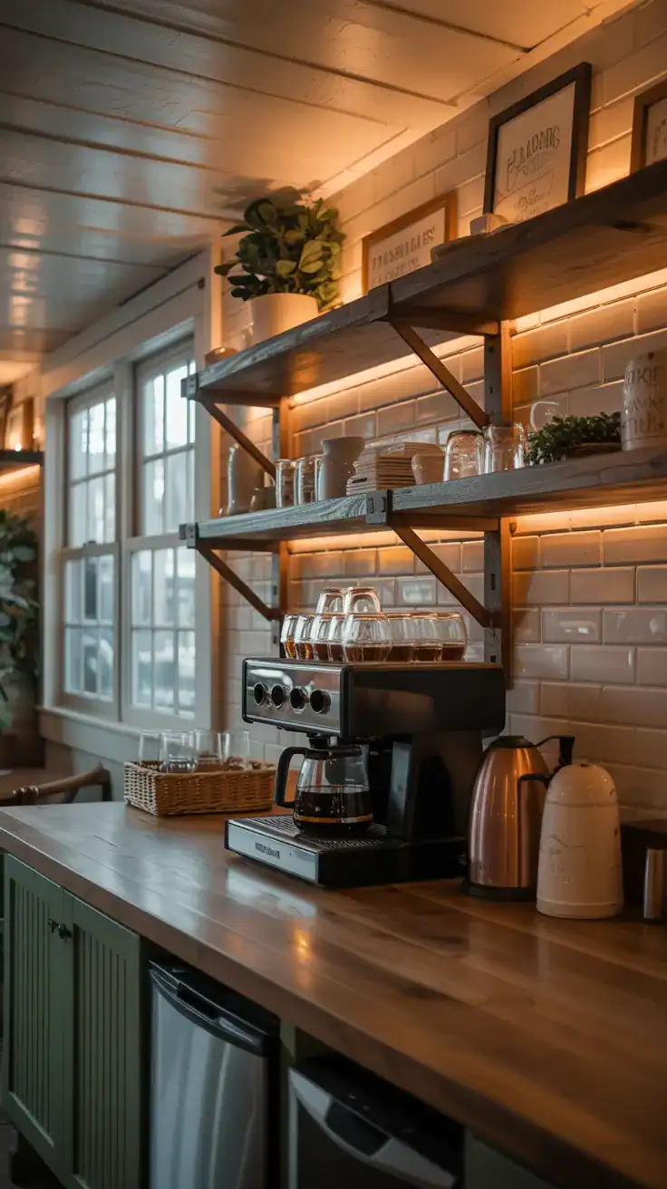 Farmhouse coffee bar illuminated with warm ambient lighting, rustic shelves, and cozy decor.
