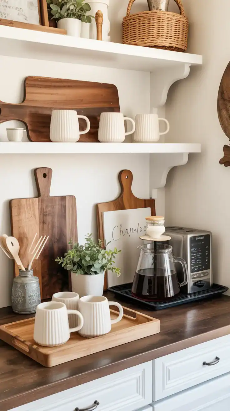 Farmhouse coffee bar styled with white ceramic mugs, wood trays, cutting boards, and rustic accents.