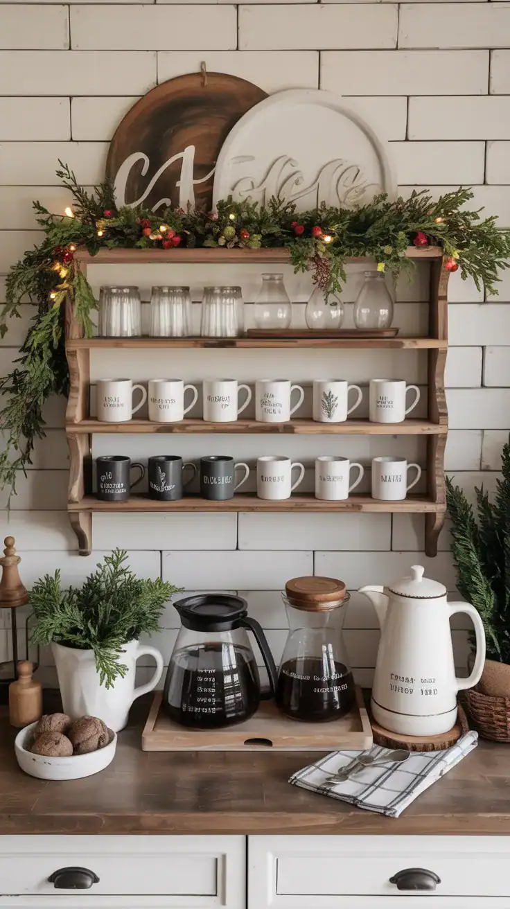 Farmhouse coffee bar decorated with seasonal accents, greenery, mugs, and rustic decor.