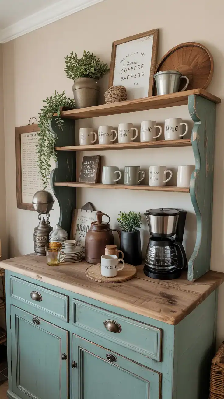 Collected farmhouse coffee bar with layered decor, vintage accents, mugs, wood textures, and rustic charm.