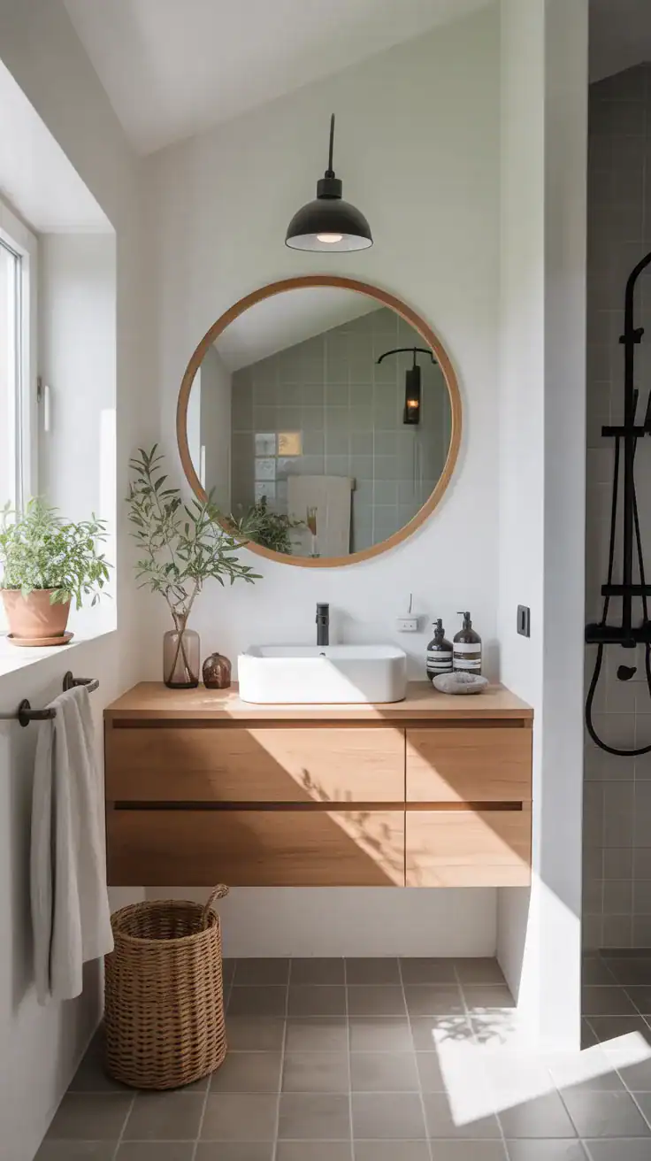Small Scandinavian bathroom with crisp white walls, floating oak vanity, round mirror, minimalist styling, and bright natural light creating an open airy feel.