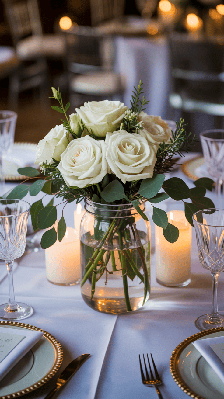 Mason jar wedding centerpiece with white roses eucalyptus greenery and elegant reception table styling