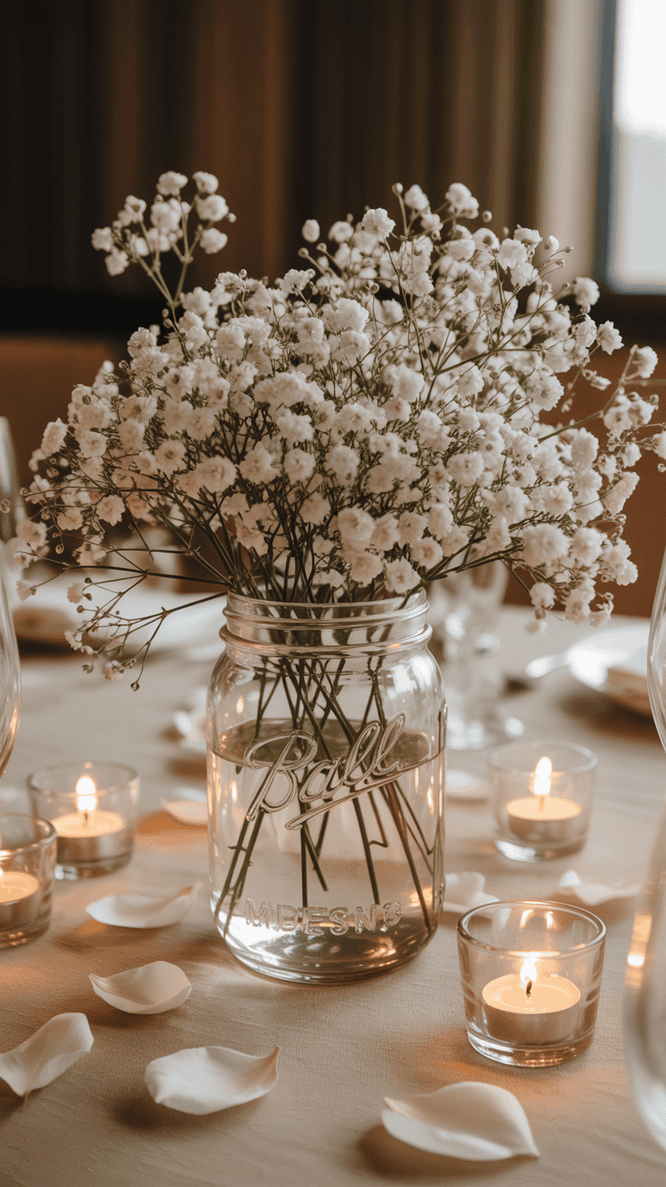 Mason jar centerpiece filled with baby's breath flowers creating soft cloud like wedding table decor