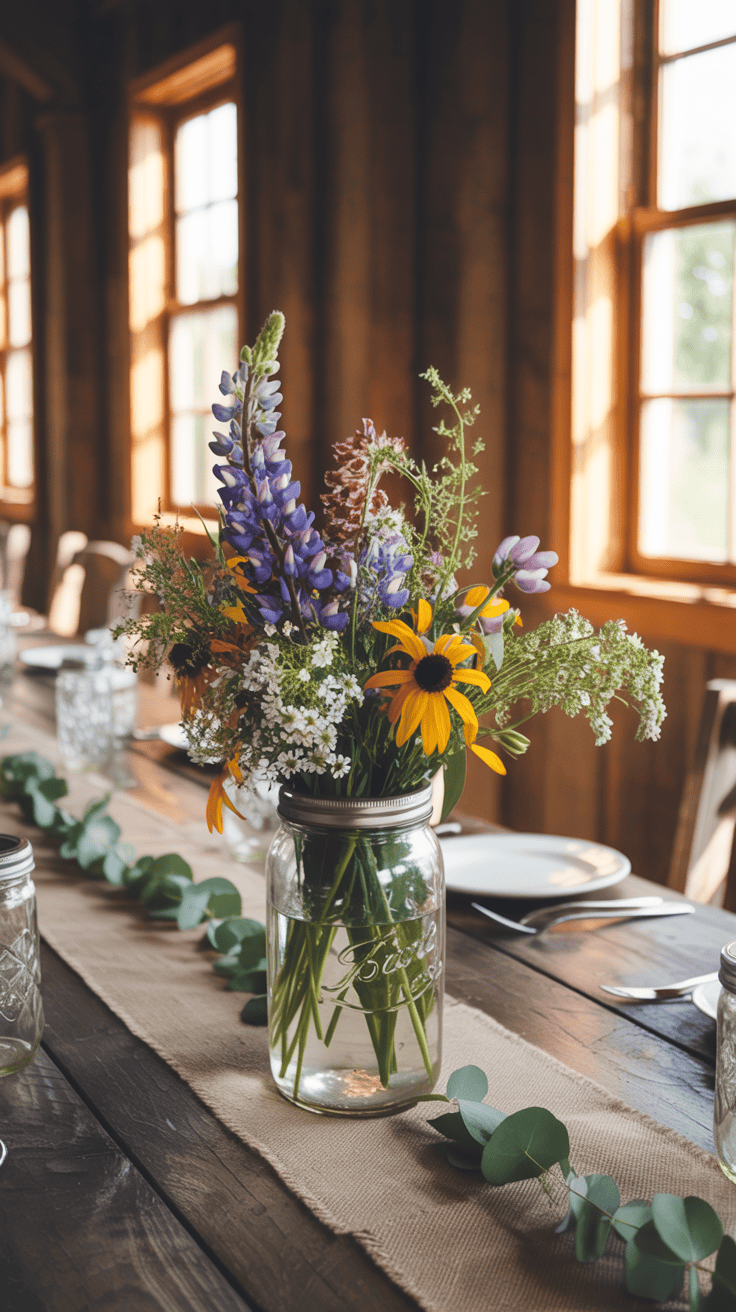 Rustic mason jar wedding centerpiece with colorful wildflowers on farmhouse reception table