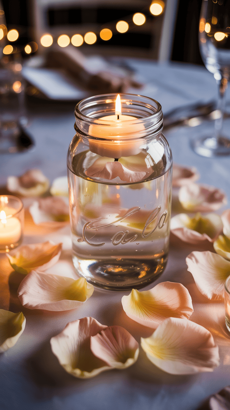 Mason jar wedding centerpiece with floating candle rose petals and romantic reception lighting