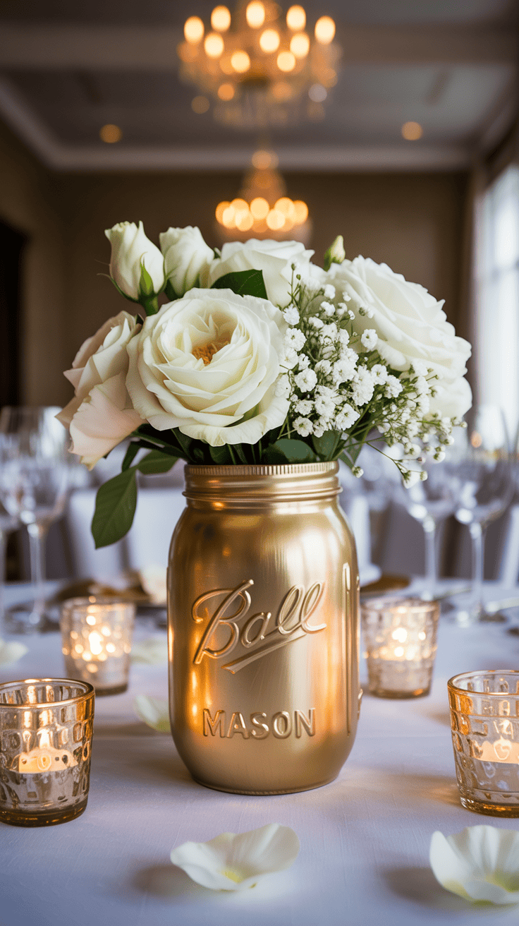 Gold painted mason jar wedding centerpiece with white flowers and elegant reception styling
