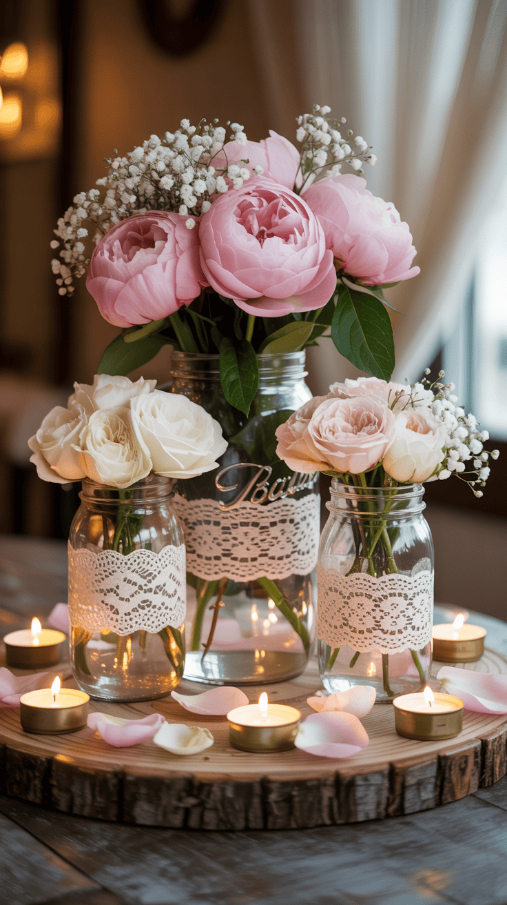 Vintage wedding centerpiece featuring mason jars wrapped in lace with romantic flowers