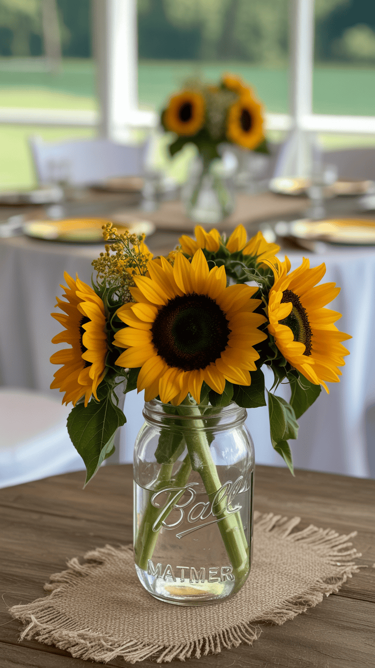 Mason jar wedding centerpiece filled with bright sunflowers on a rustic summer reception table