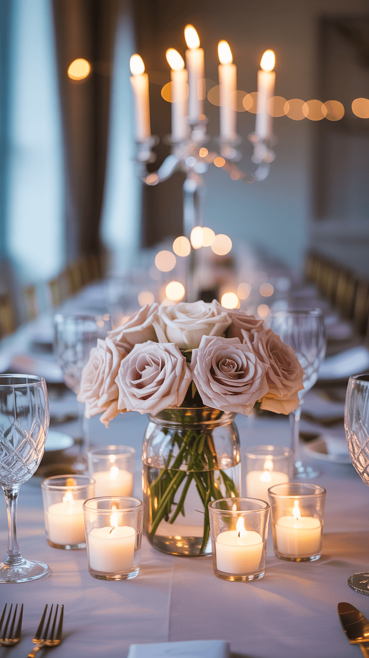 Blush pink rose arrangement in mason jars surrounded by candles on an elegant wedding table