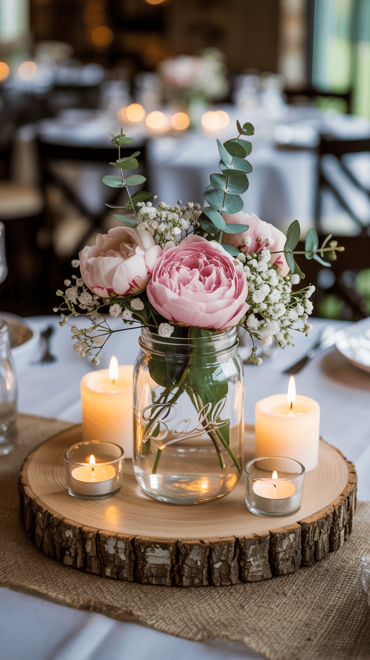 Mason jar wedding centerpiece displayed on a wood slice with flowers and candles