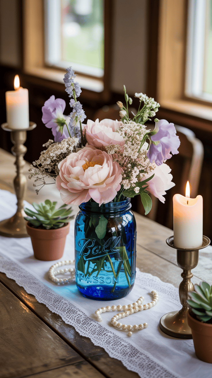 Vintage blue mason jar wedding centerpiece with pastel flowers and cottage style decor