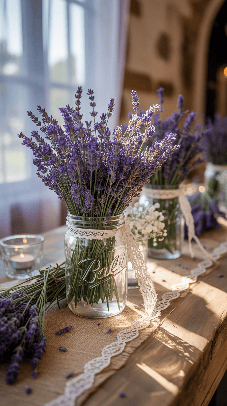 Lavender filled mason jar centerpiece creating a French country wedding atmosphere