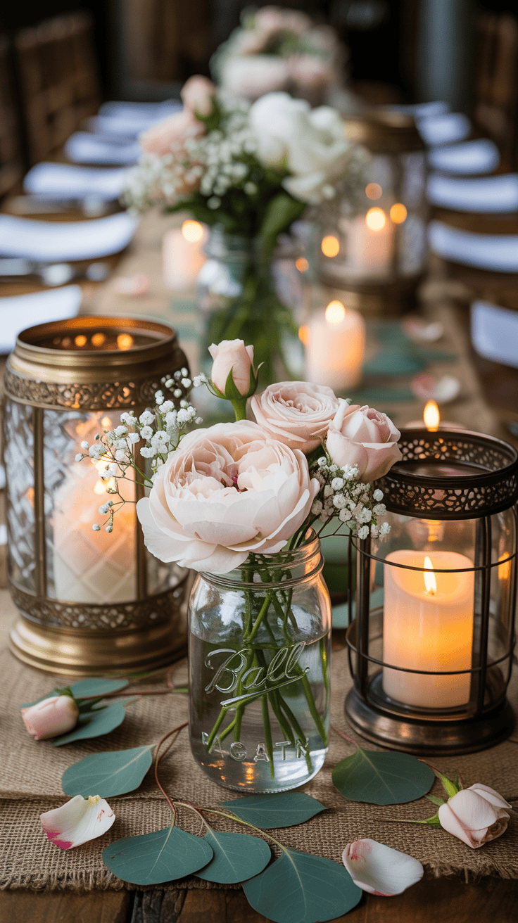 Baby's breath mason jar wedding centerpiece on elegant reception table