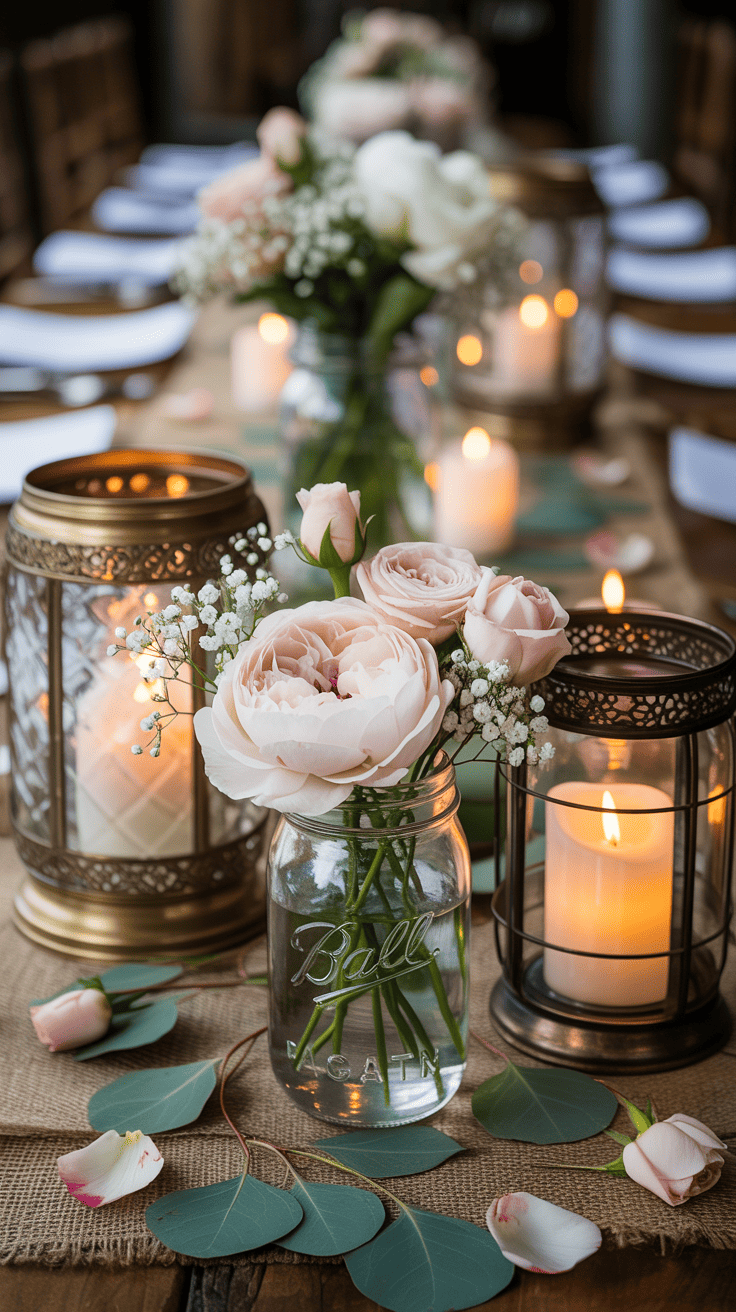 Wedding table centerpiece combining mason jars flowers and decorative lanterns