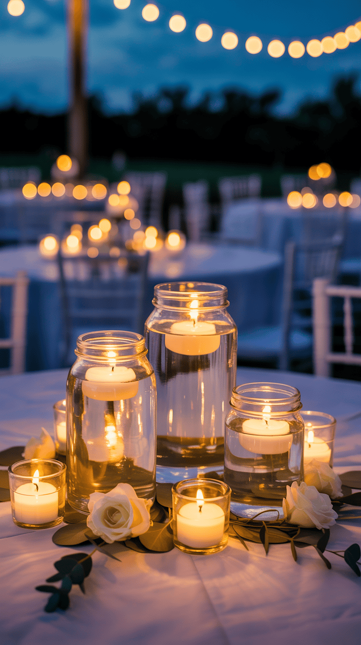 Floating candle mason jar centerpiece glowing on wedding reception table at night