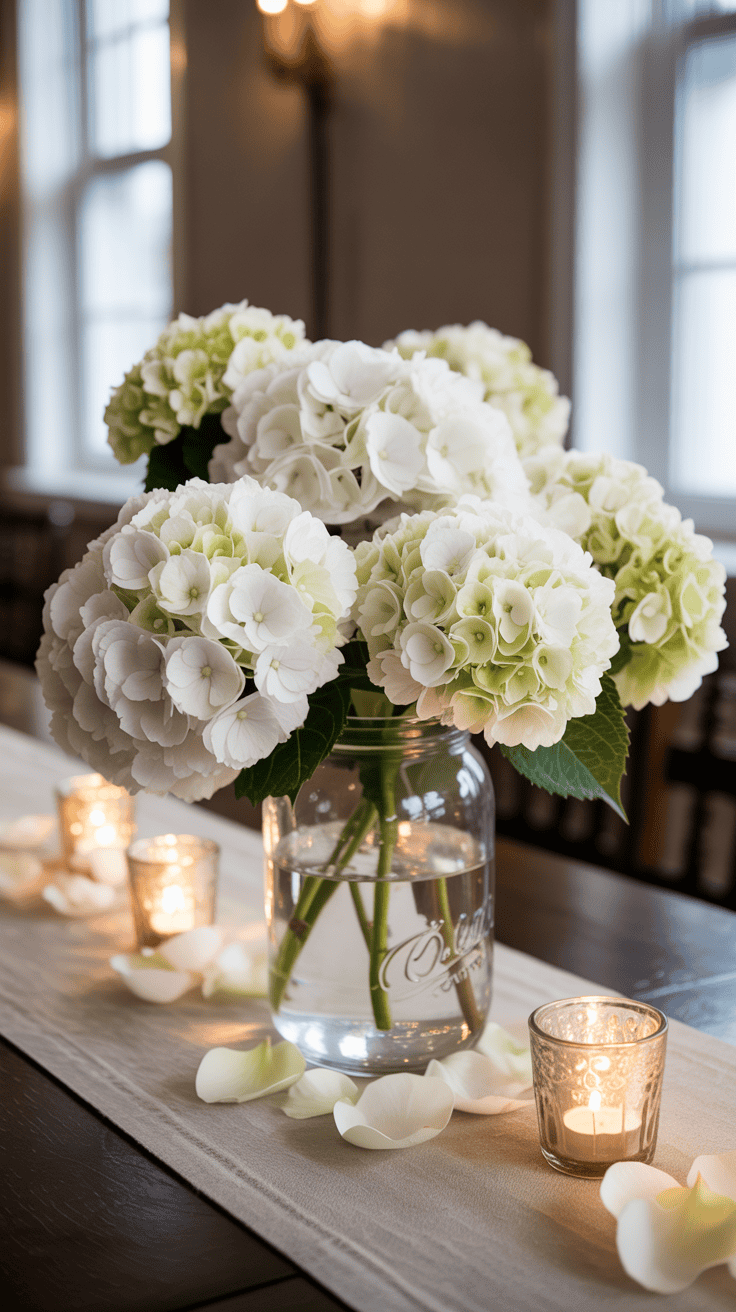 White hydrangea arrangement in mason jar wedding centerpiece with elegant styling