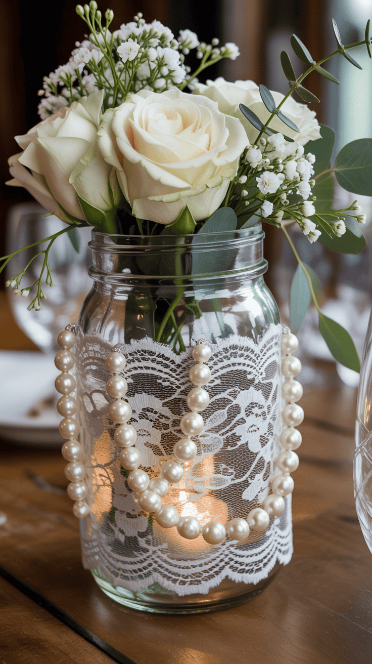 Lace wrapped mason jar wedding centerpiece decorated with pearls and flowers