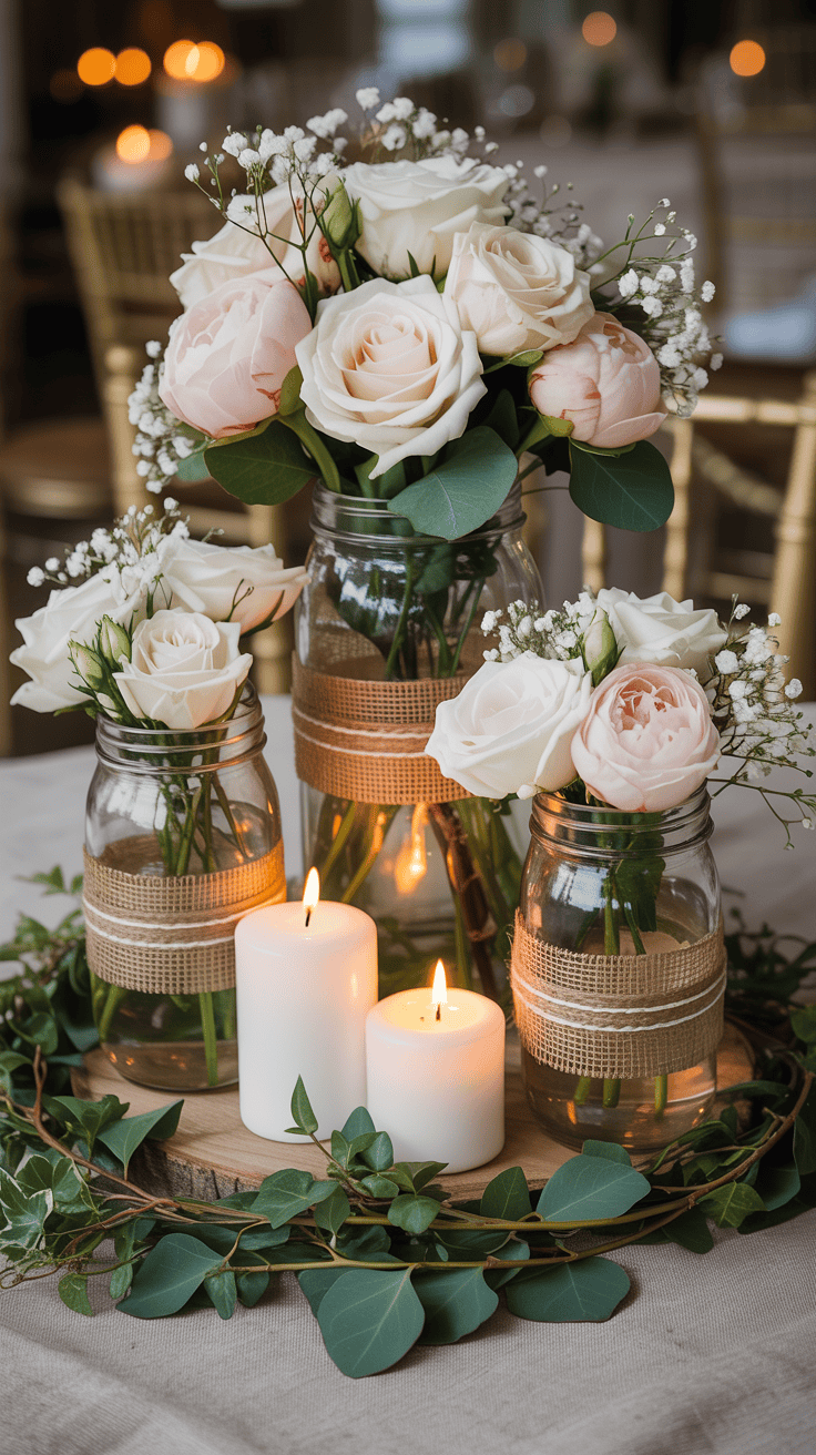 Wedding centerpiece using mason jars of different heights with flowers candles and greenery