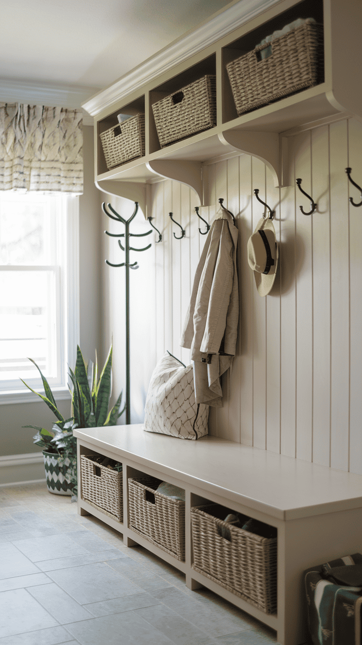 Floating mudroom bench with wall hooks creating an airy organized entryway