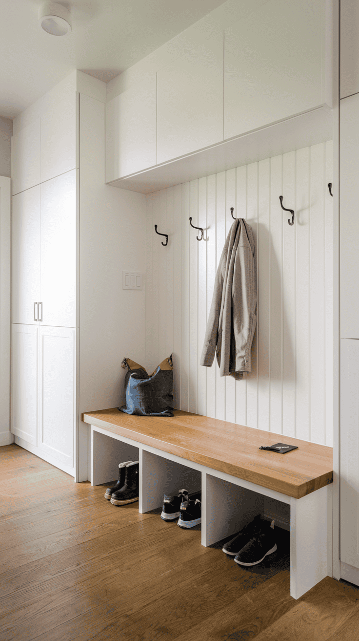 Modern mudroom bench with hidden storage compartments and minimalist wall hooks