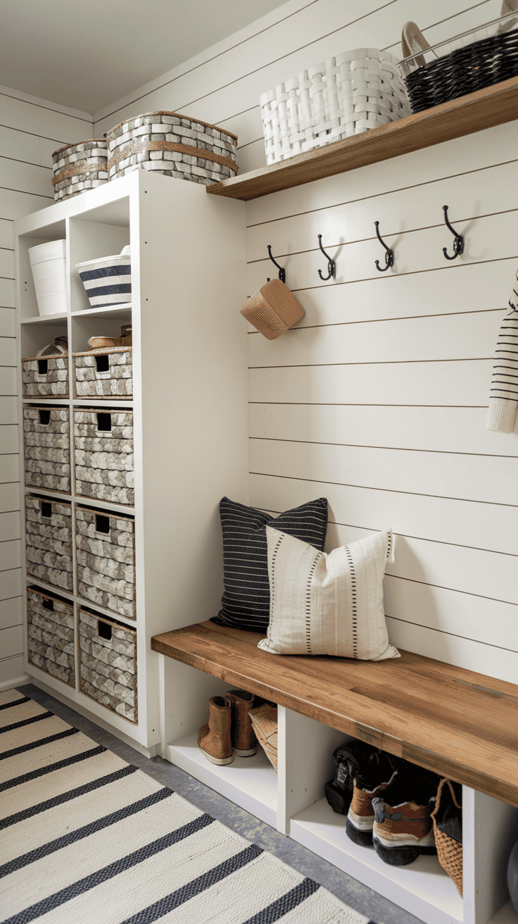 Shiplap mudroom wall with bench black hooks and farmhouse inspired storage