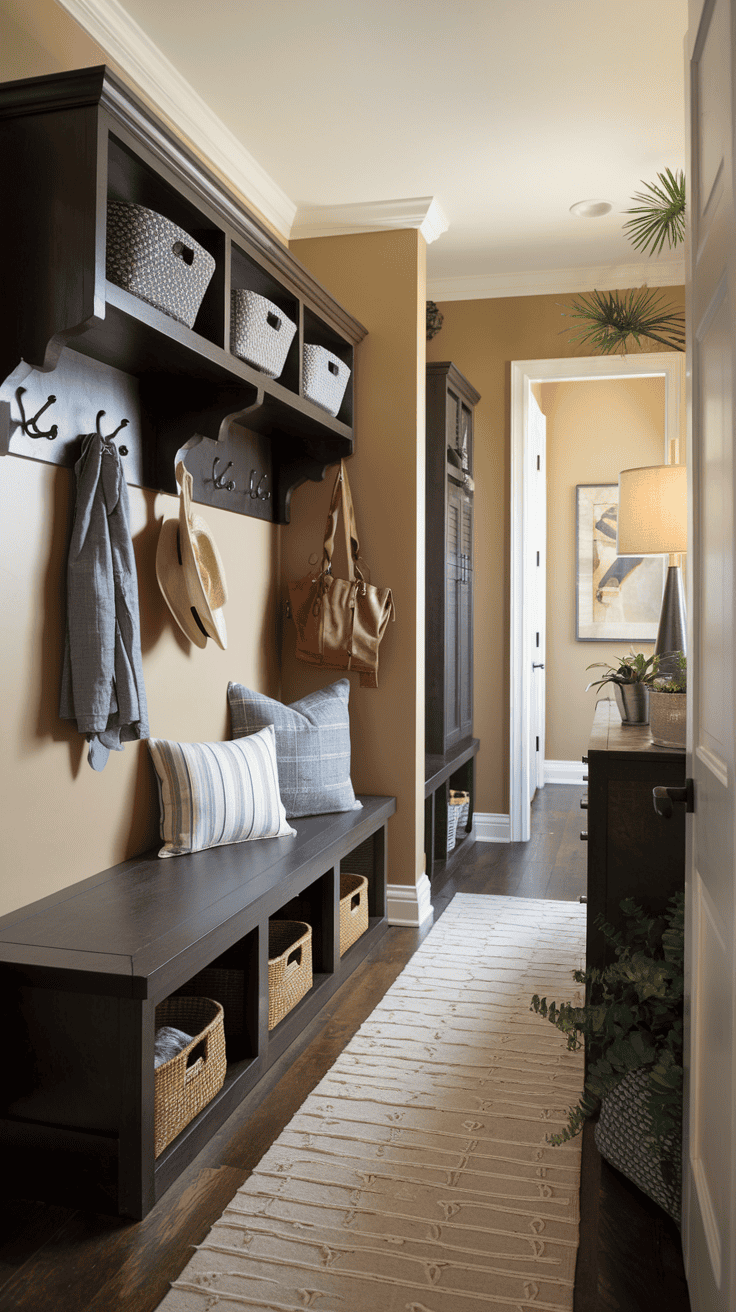 Narrow hallway mudroom bench with wall hooks and space saving storage design