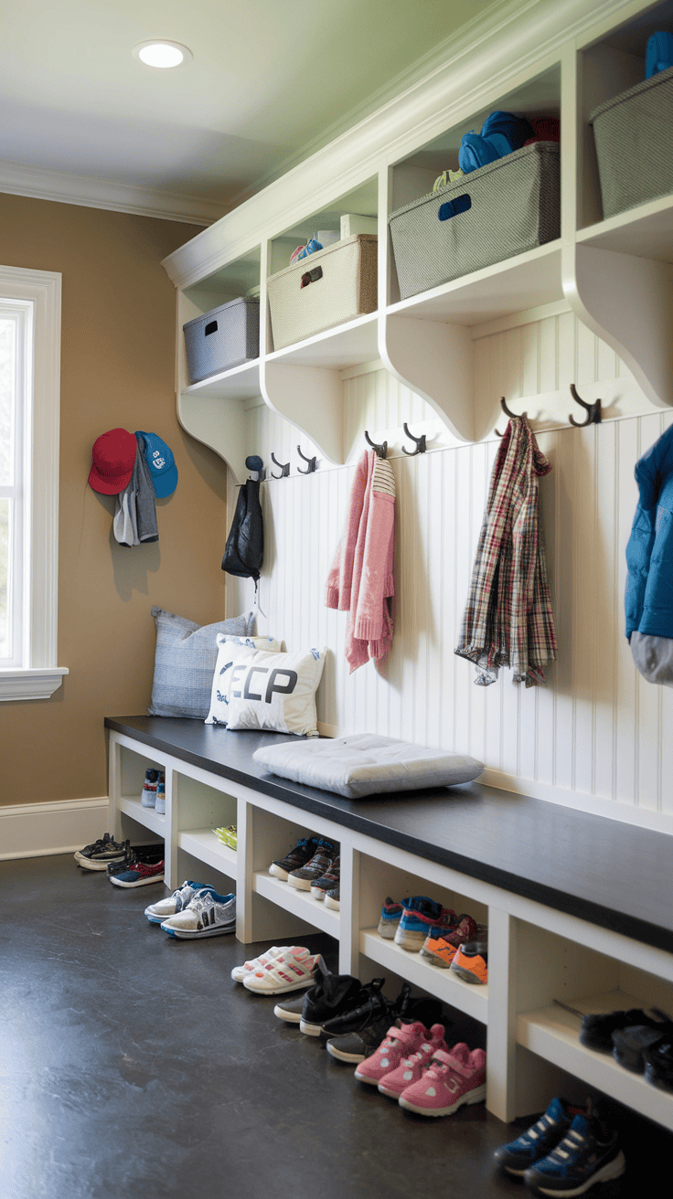 Family mudroom with low hooks child friendly bench and organized storage for kids