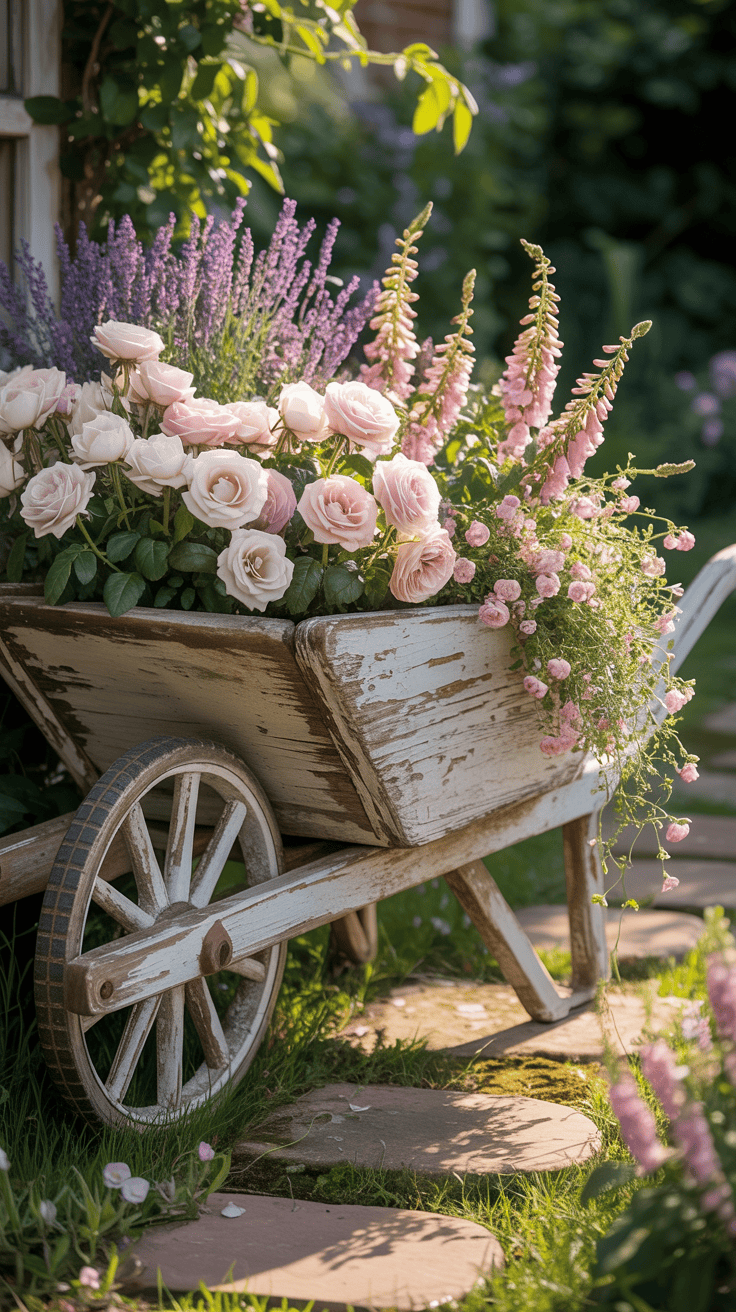 Vintage wooden wheelbarrow planter overflowing with cottage roses lavender and romantic garden flowers