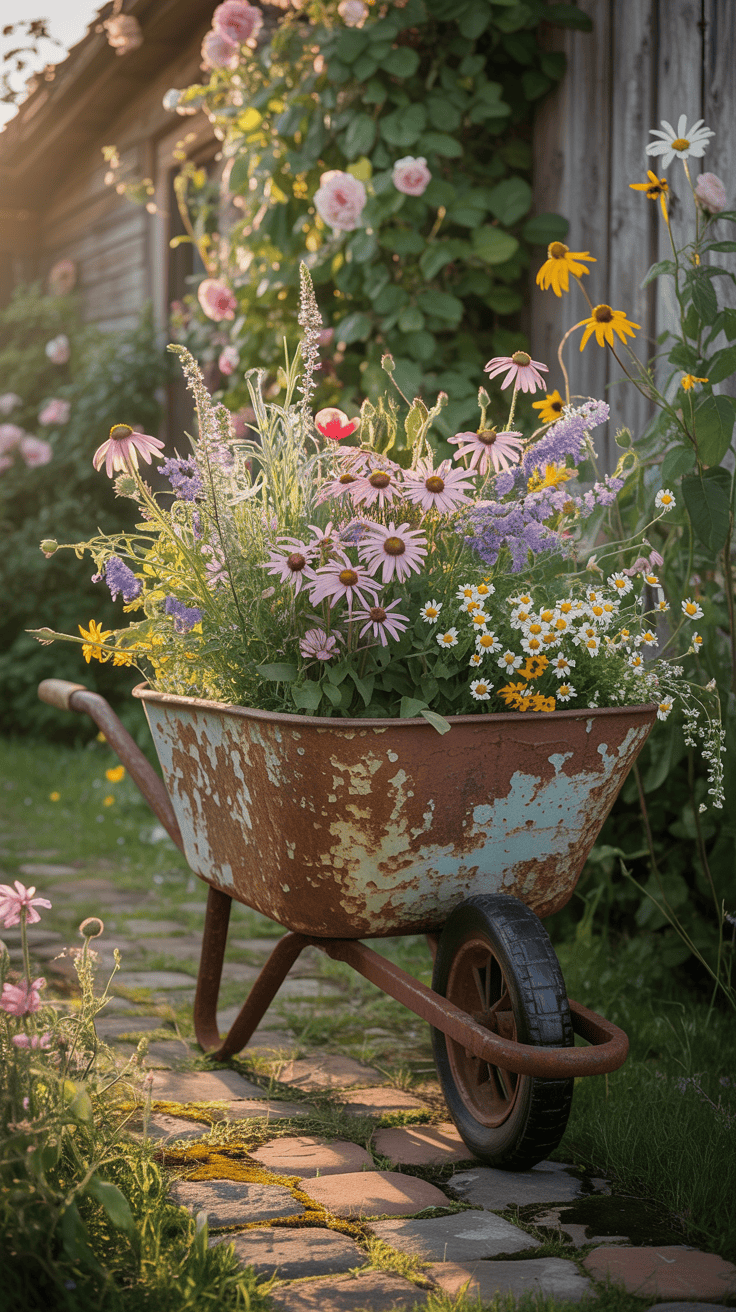 Rusty vintage wheelbarrow planter overflowing with colorful wildflowers in a cottage garden