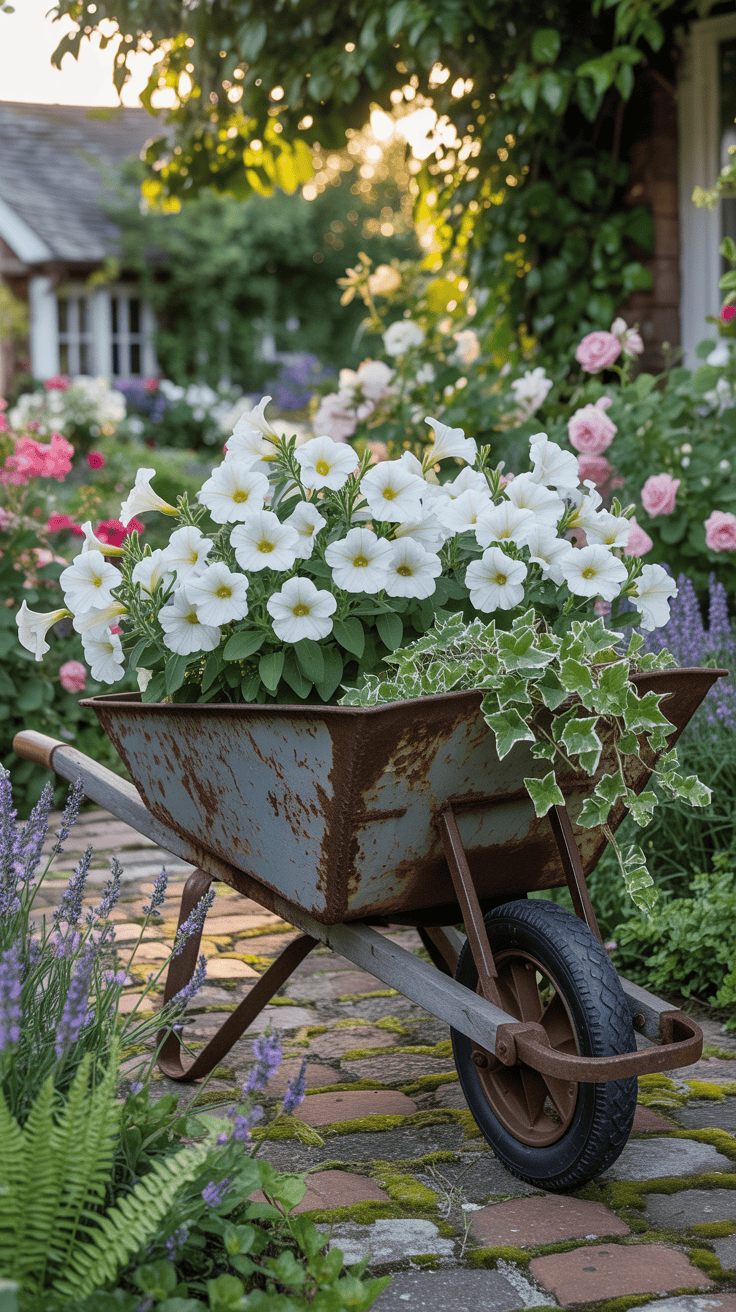 Vintage wheelbarrow planted with white petunias and cascading ivy in a cottage garden
