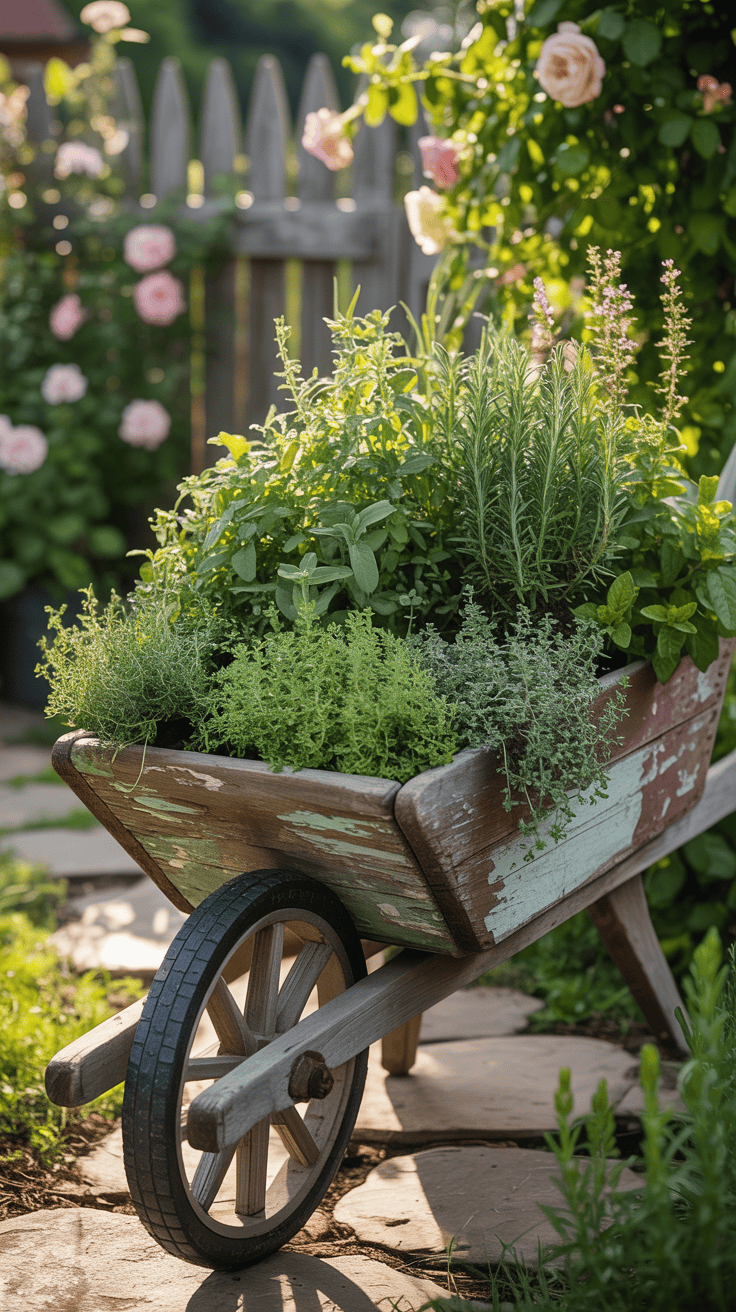 Old wooden wheelbarrow planted with rosemary thyme sage and herbs in a cottage garden