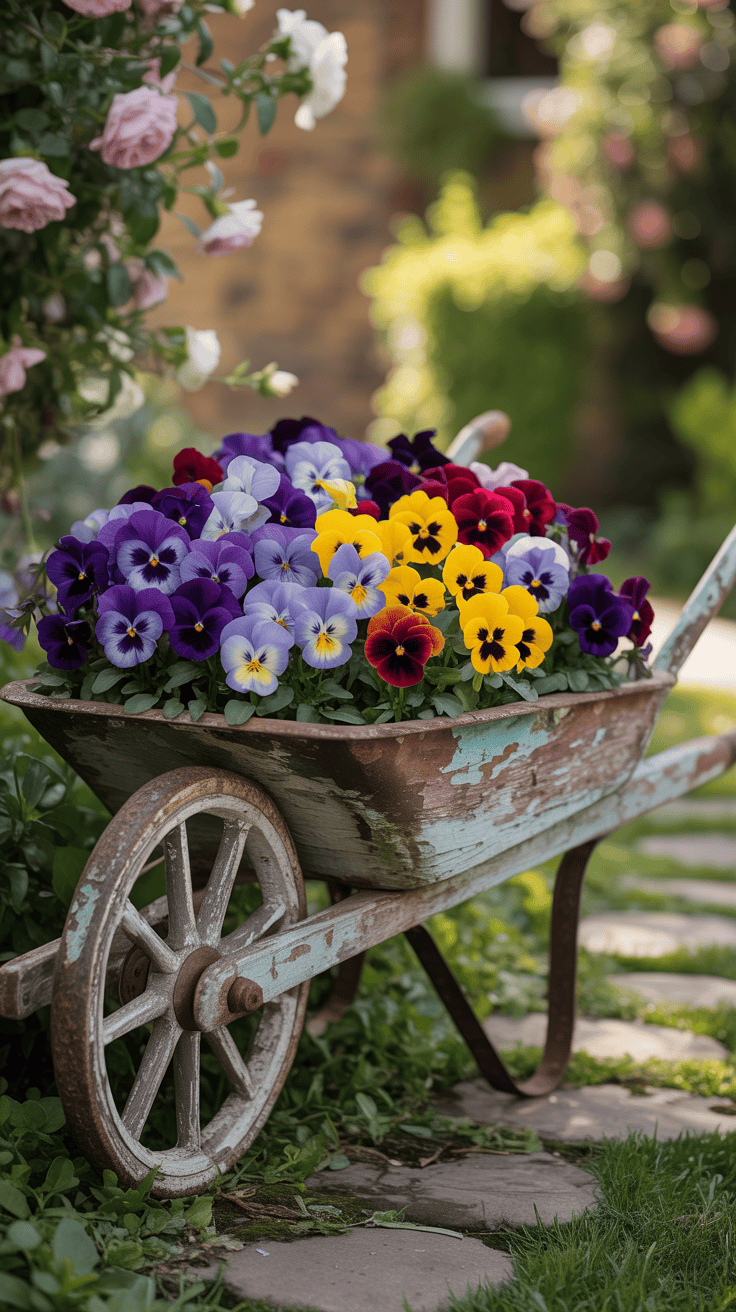 Antique wheelbarrow overflowing with colorful pansies creating a cheerful cottage garden display