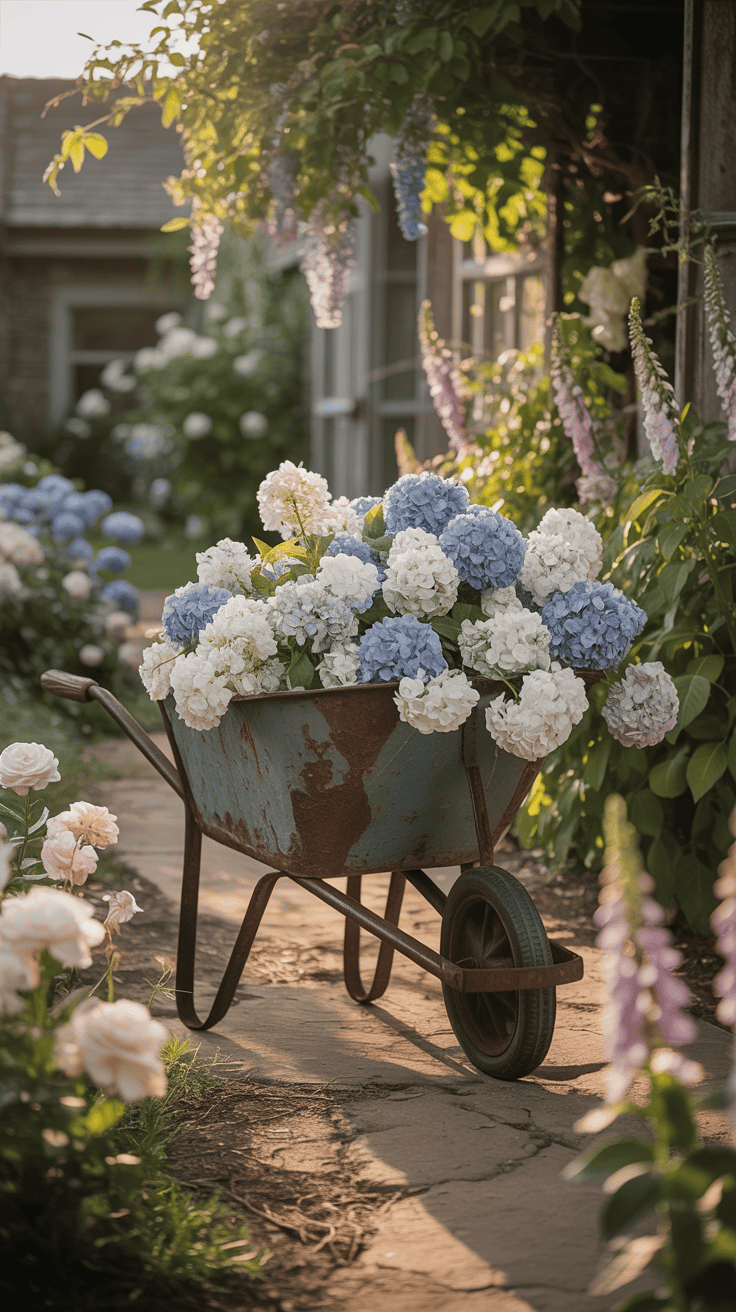 Vintage wheelbarrow overflowing with white and blue hydrangeas in a romantic cottage garden