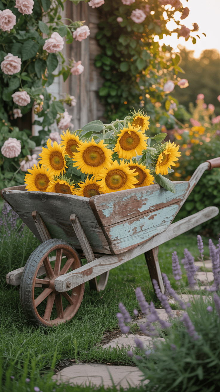 Old wooden wheelbarrow planted with bright sunflowers in a cottage style garden