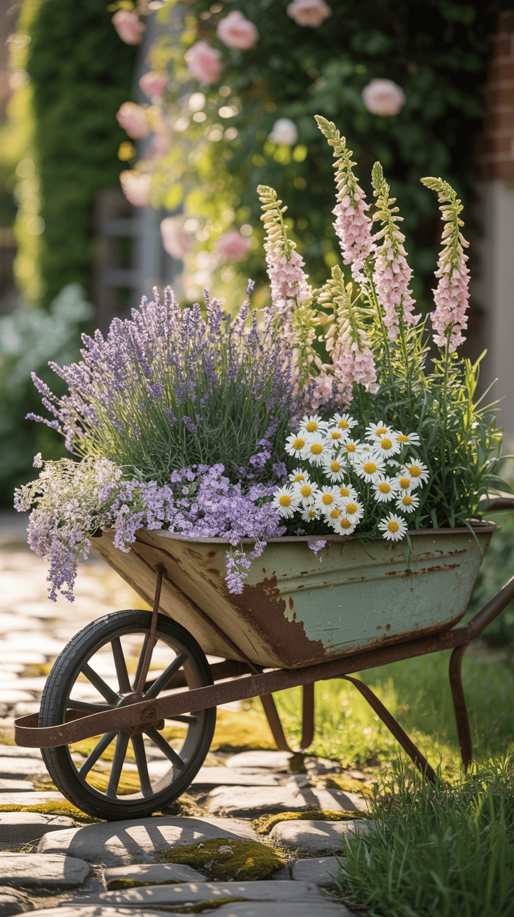 Vintage wheelbarrow planted with lavender white daisies and cottage garden flowers