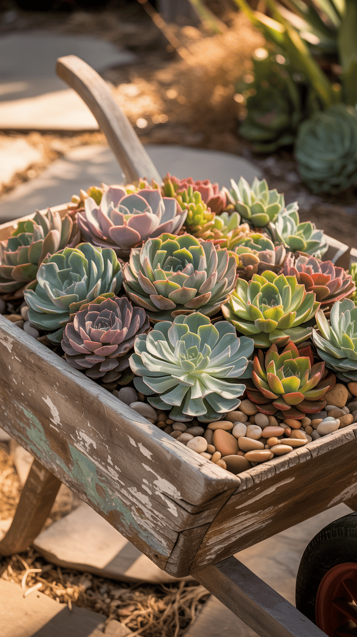 Rustic vintage wheelbarrow filled with colorful succulents and decorative gravel